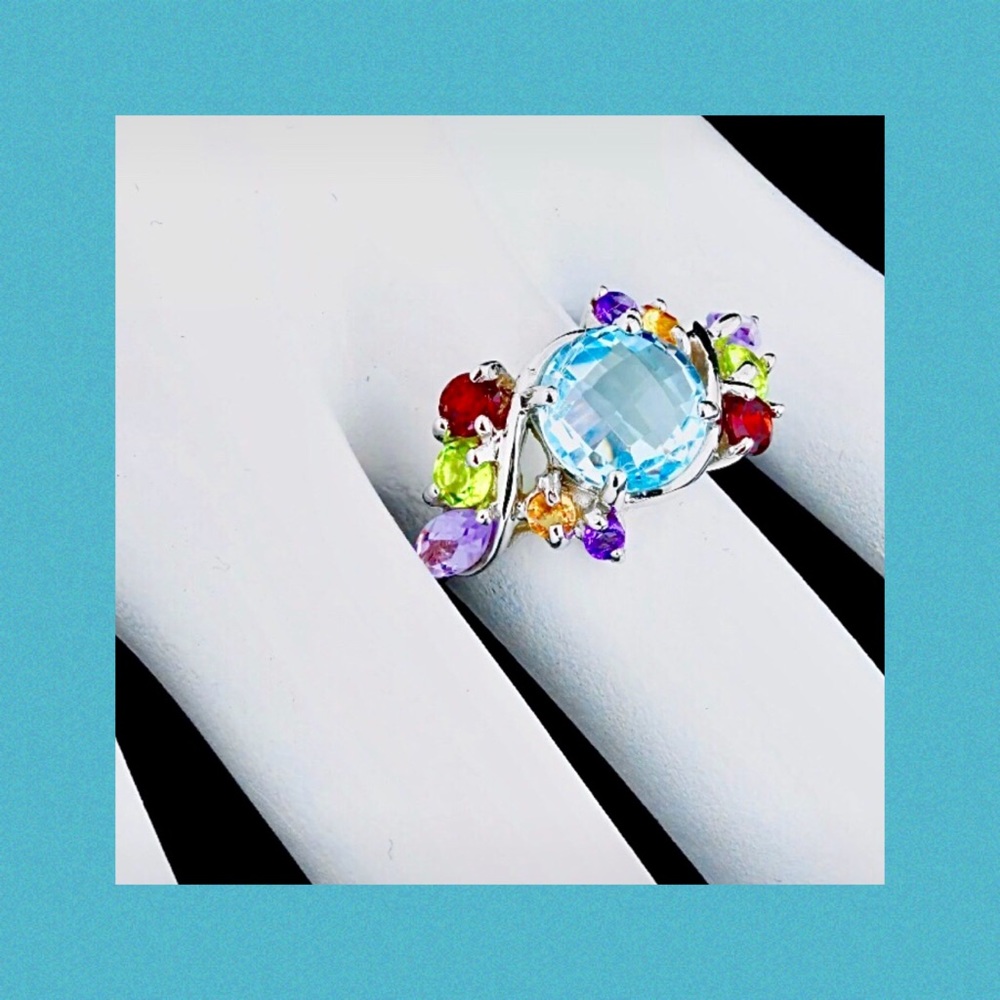 NATURAL SKY BLUE TOPAZ GARNET AMETHYST RING